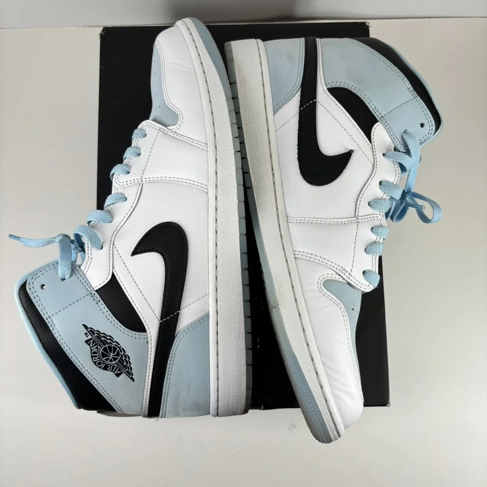 Nike‎ Air Jordan 1 Mid SE Men's US 13 White/Ice Blue/Black Sneakers DV1308-104